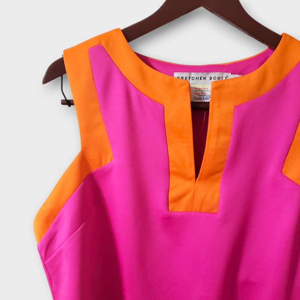 Gretchen Scott Vibrant Pink Orange Contrast Split Neck Tank Top Built In Bra XL - Picture 2 of 8